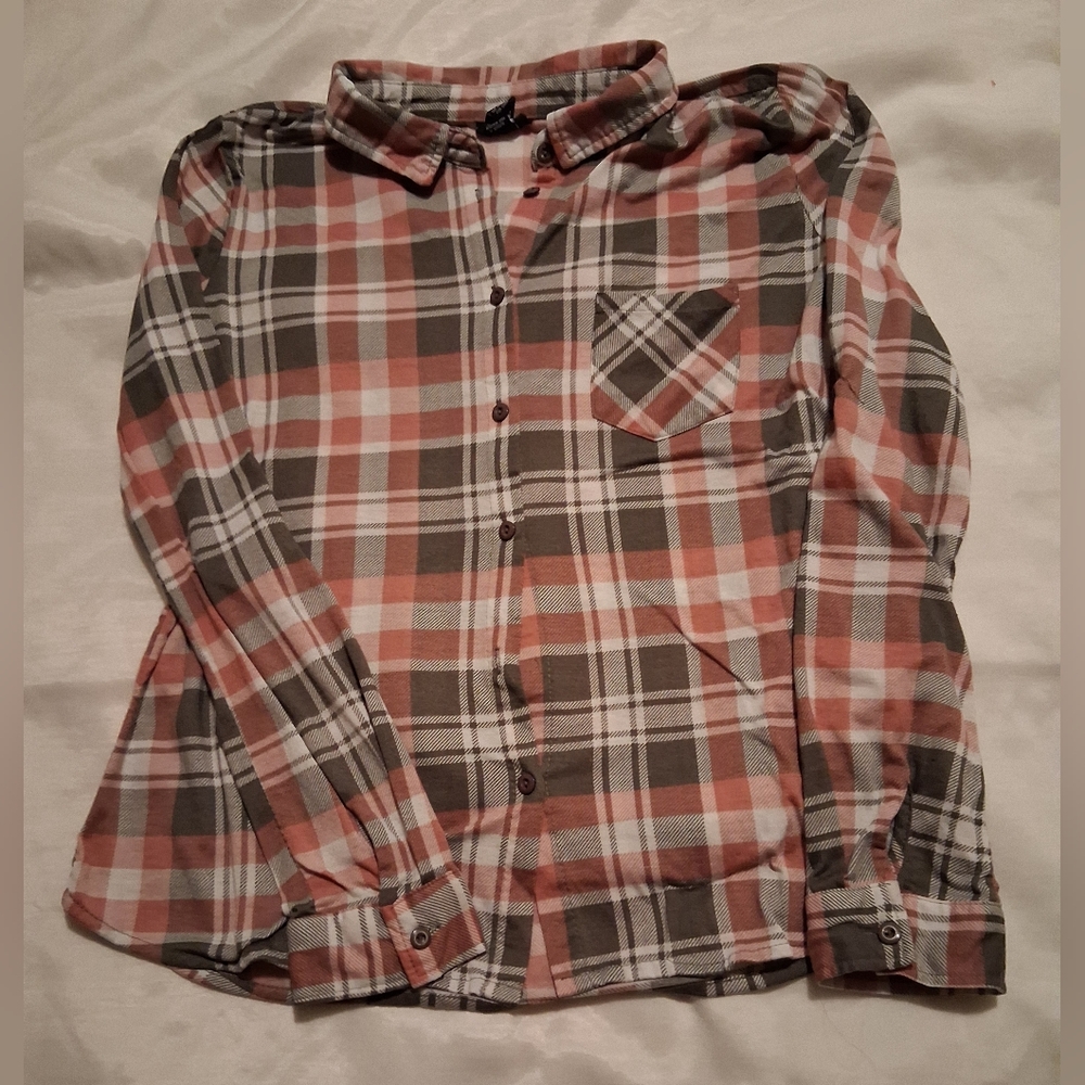 rue21 Coral and Gray Plaid Flannel Shirt
